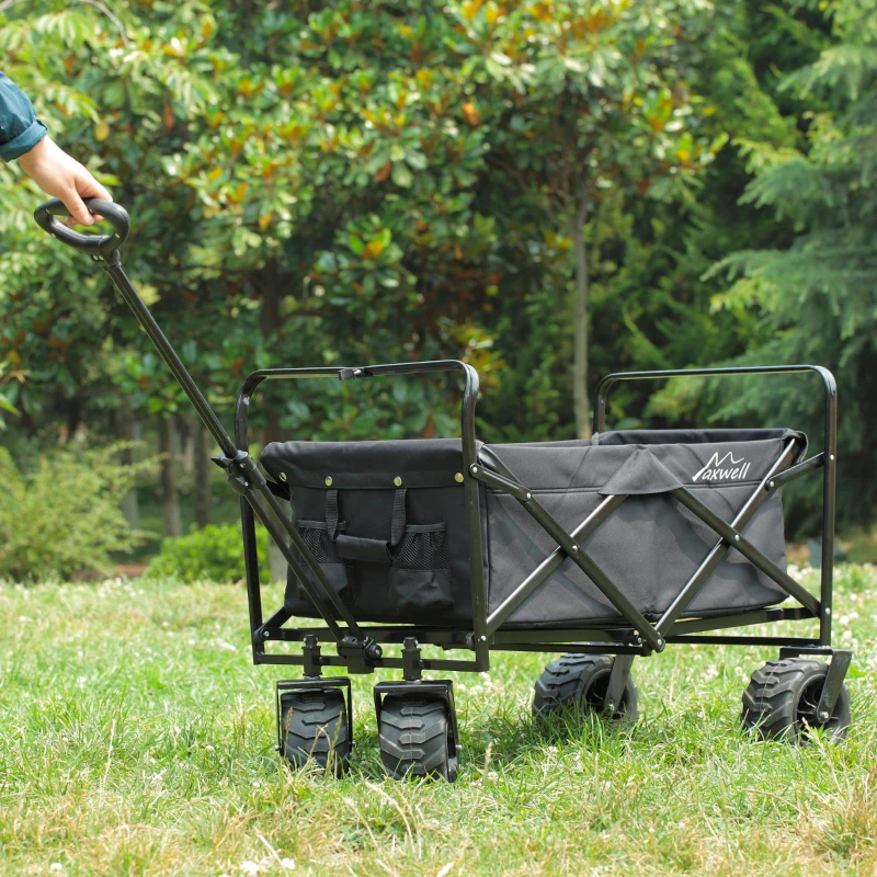 Aosom Utility Folding Wagon Big Wheels Compact Outdoor Garden Cart with Steel Structure for Shopping, Fishing, Camping, Beach - Black