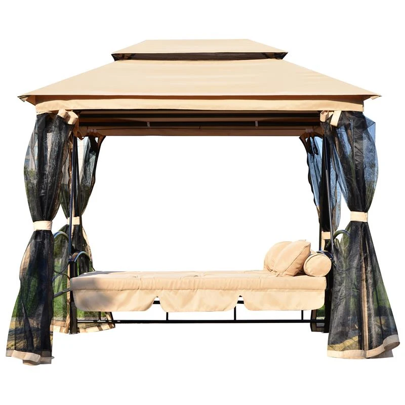 Outsunny Outdoor 3 Person Patio Daybed Canopy Gazebo Swing, Tan with Mesh Walls