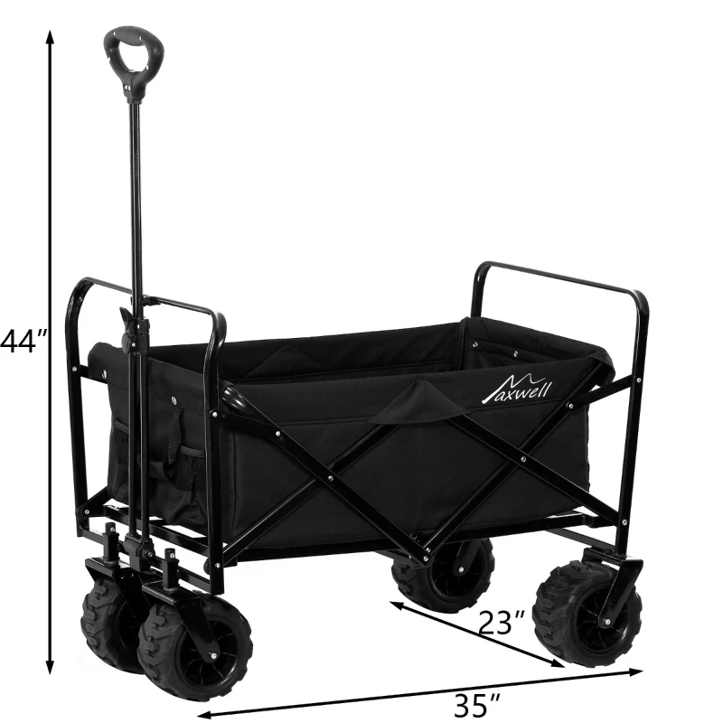 Aosom Utility Folding Wagon Big Wheels Compact Outdoor Garden Cart with Steel Structure for Shopping, Fishing, Camping, Beach - Black