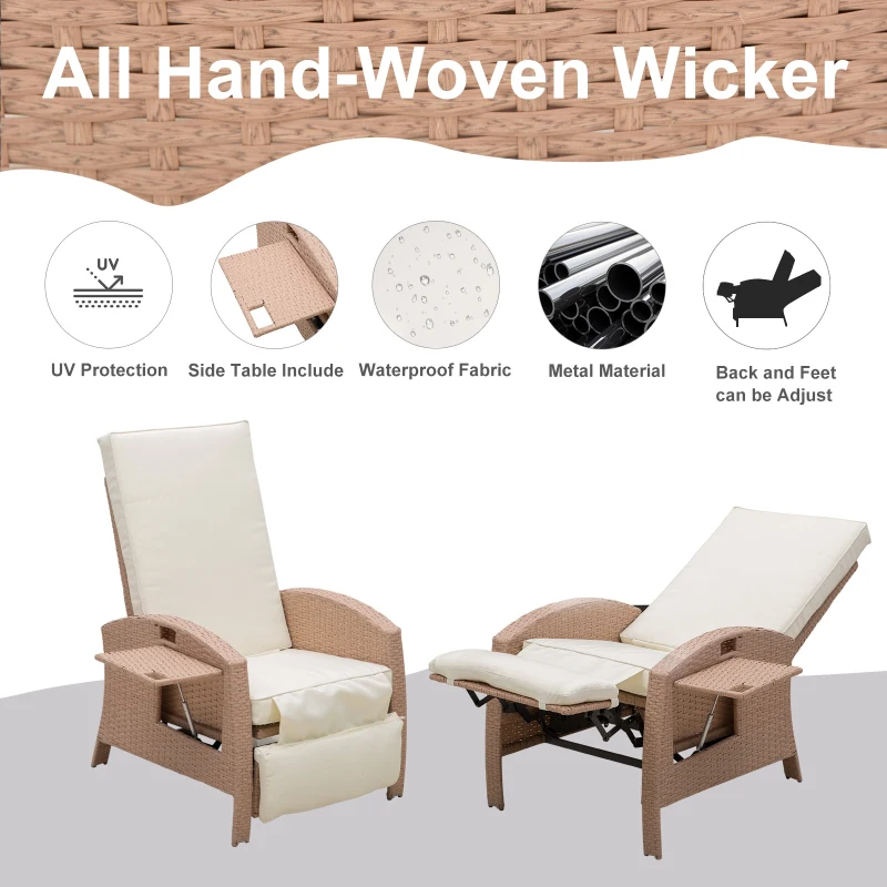 Outsunny Outdoor Rattan Wicker Adjustable Recliner Lounge Chair with Drink Tray & Stylish Contemporary Design - Beige