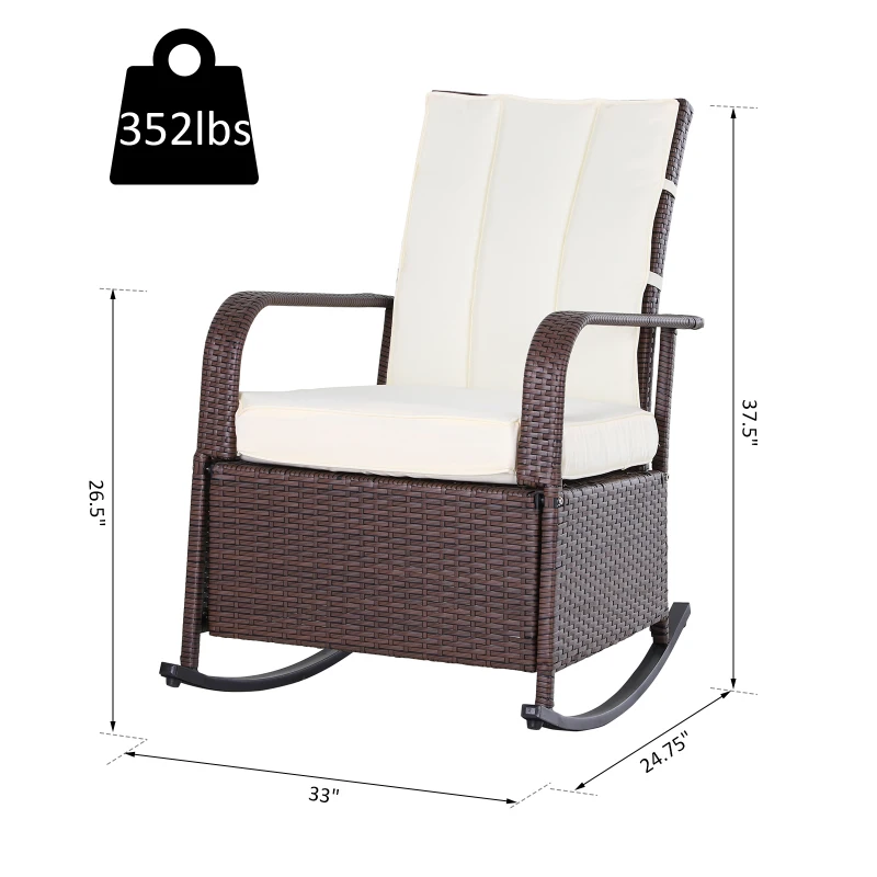 Outsunny Outdoor Patio Wicker Rattan Recliner Lounger Rocking Cushioned Chair with Footrest - Cream White