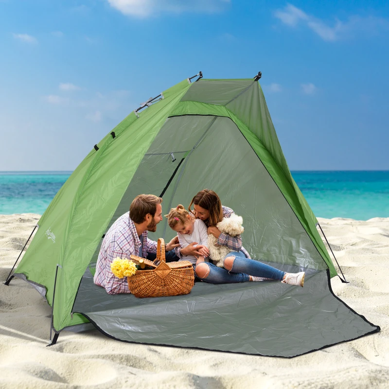Outsunny Portable Automatic Pop Up Sun Protection Beach Tent Cabana with Door - Green
