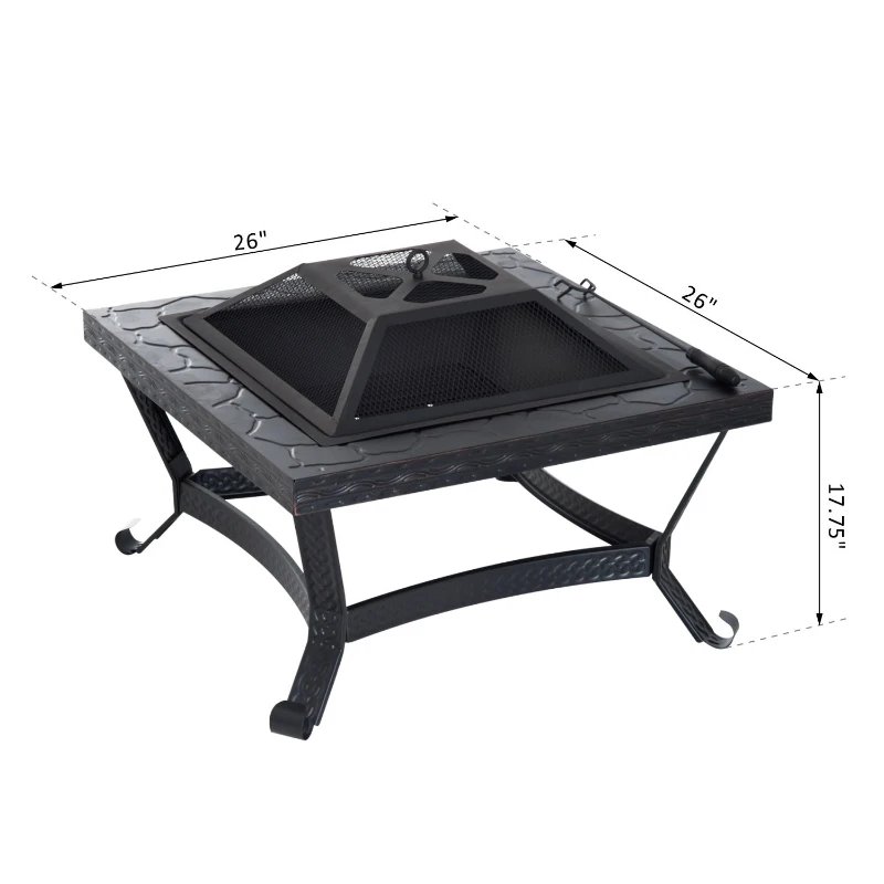 Outsunny 26" Square Steel Backyard Fire Pit With Cover And Accessories