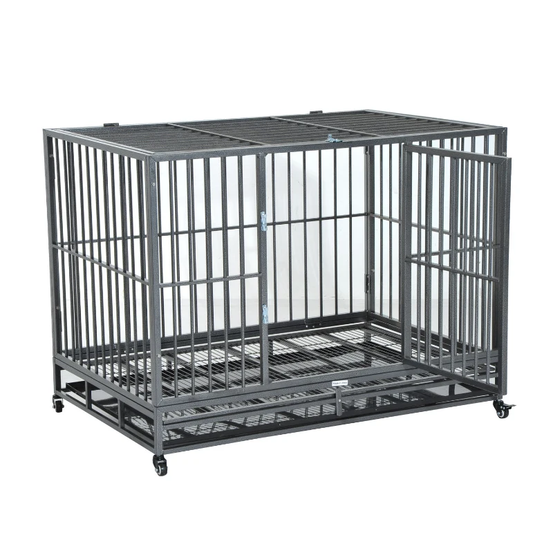 PawHut 48" Heavy Duty Steel Dog Crate Kennel Pet Cage w/ Wheels - Grey Vein