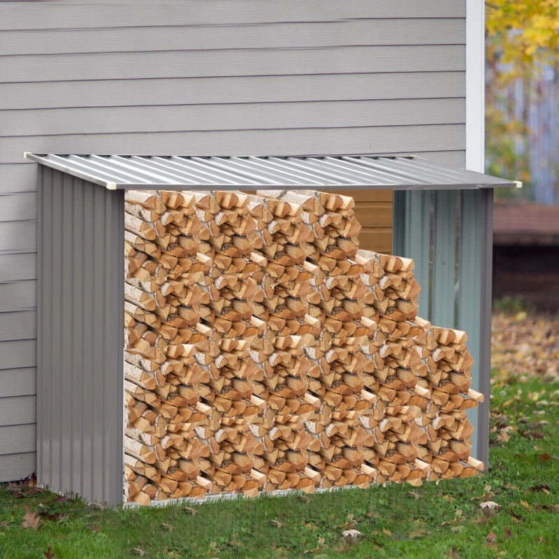 Outsunny 85" Steel Sturdy Firewood Covered Shed Storage Rack - Gray