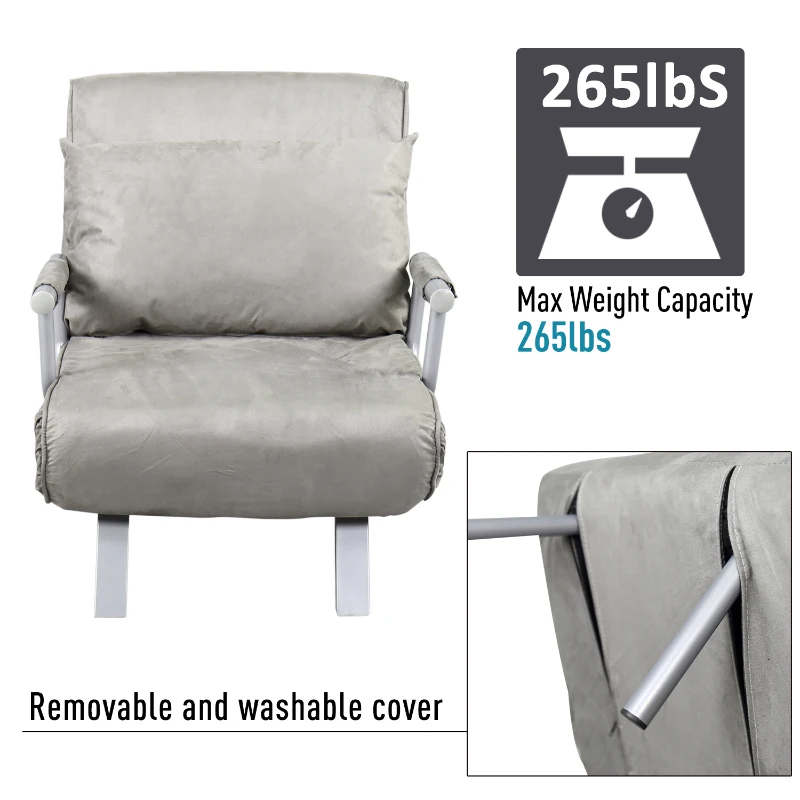 HomCom Single Person Folding 5 Position Steel Convertible Sleeper Bed Sofa Chair - Grey