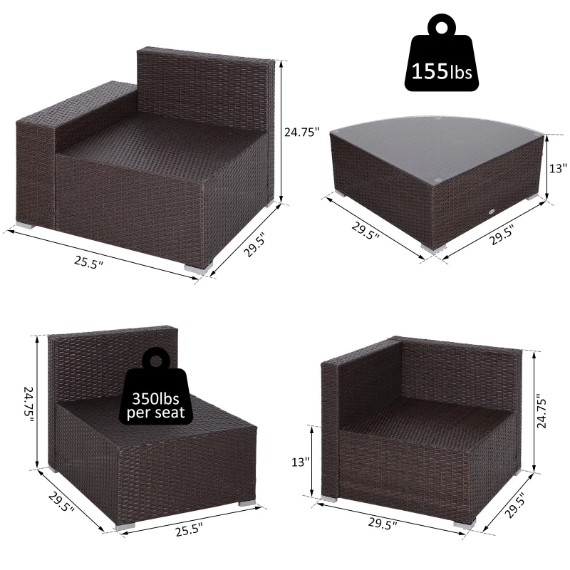 Outsunny 6 Piece Wicker Rattan Outdoor Patio Fan Shape Glass Coffee Table Furniture Set