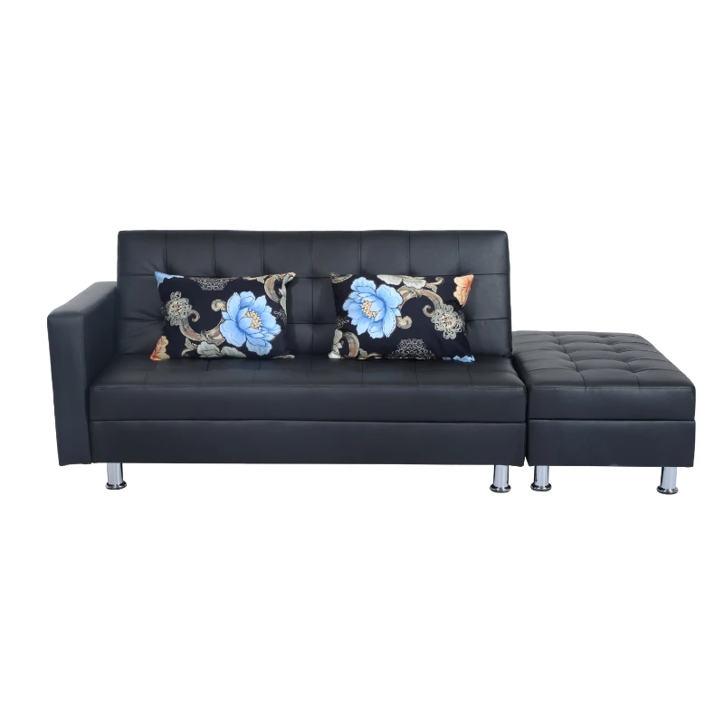 HomCom Faux Leather Convertible Sofa Sleeper Bed with Storage Ottoman - Black
