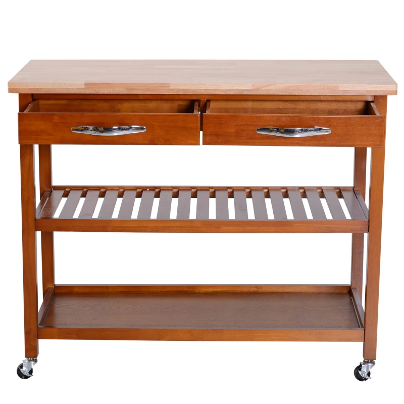 HomCom 44" 3-Tier Rubberwood Kitchen Island Cart on Wheels - Brown