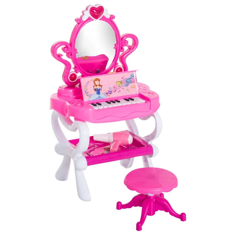 Qaba 2-in-1 Kids Piano Vanity Table Stool Princess Pretend Play Set with Lights