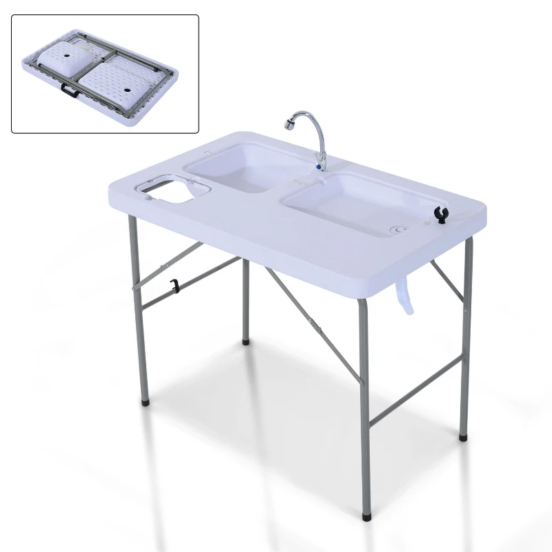Outsunny Indoor Picnic Table Portable Folding Fish Cleaning Cutting Table Camping Kitchen Faucet Sink - White
