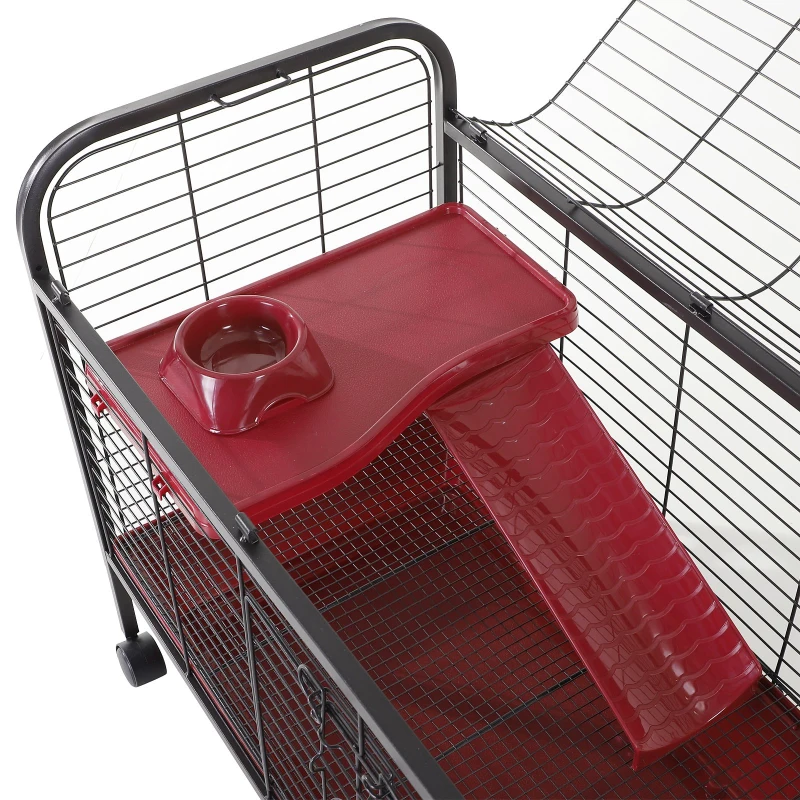 PawHut 42" Metal Wire Small Animal Pet Cage Rabbit Guinea Pig Play House with Wheels and Ramp - Red and Black