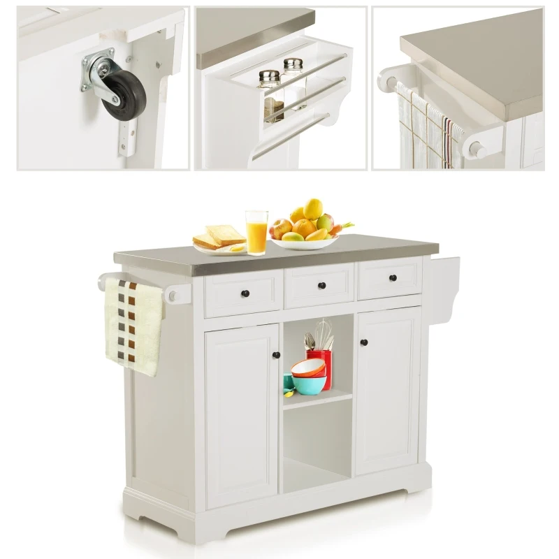 HomCom 51" x 18" x 36" Pine Wood Stainless Steel Portable Multi-Storage Kitchen Rolling Island Cart with Wheels - White