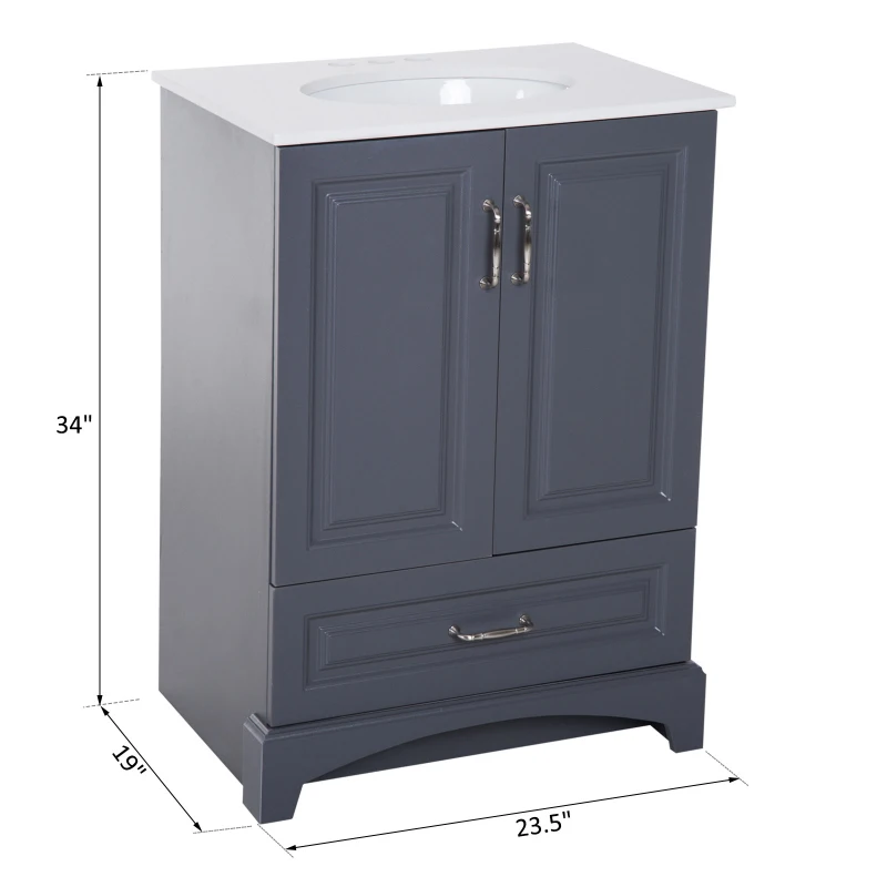 Kleankin 34” Modern Single Ceramic Sink Bathroom Vanity Set - Soft Grey