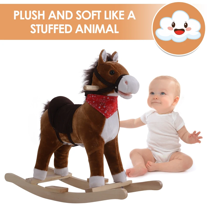 Qaba Kids Rocking Plush Horse Ride on Toy Sound Rocker w/Scarf - Brown
