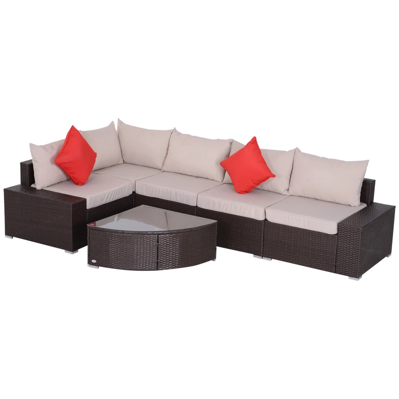 Outsunny 6 Piece Wicker Rattan Outdoor Patio Fan Shape Glass Coffee Table Furniture Set