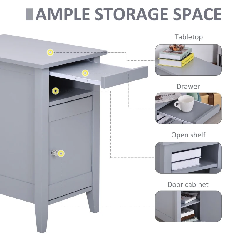 HOMCOM Modern End Table, Slim Side Table, Nightstand with Adjustable Open Shelf and Door Cabinet for Living Room, Bedroom, Grey