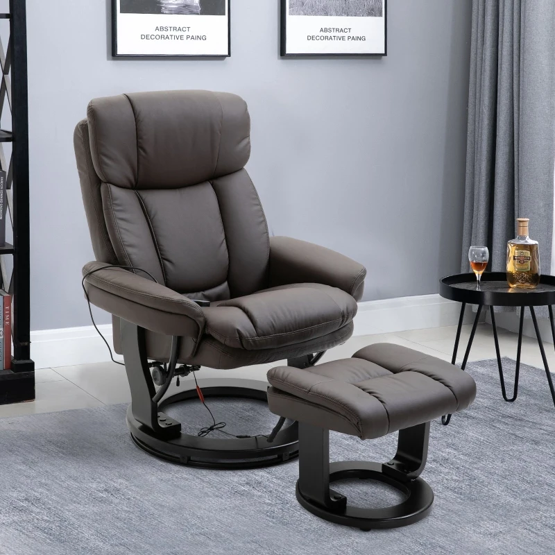 HOMCOM PU Leather Massage Sofa Recliner Chair with Ottoman Heated 10 Point Vibration Swiveling Armchair, Brown
