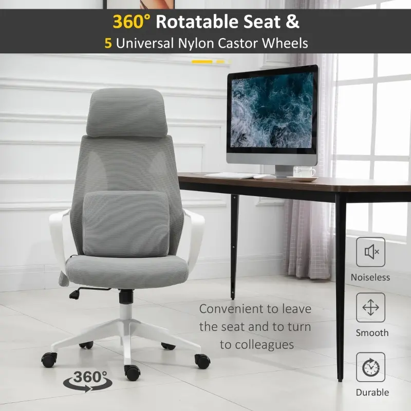 Vinsetto Ergonomic Home Office Mesh Desk Chairs, Computer Task Chair with Massage Lumbar Cushion, Adjustable Seat & Headrest,  Rocking Function, Grey