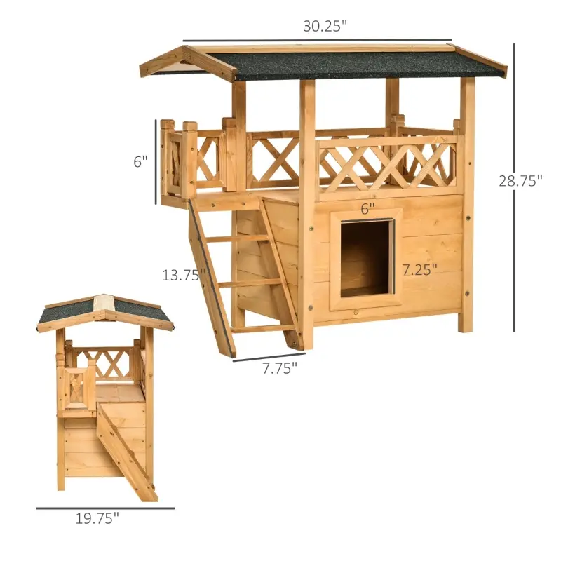 PawHut Wooden Cat House, 2-Floor Feral Cat Shelter, Kitten Condo Outdoor with Balcony, Stairs, Asphalt Roof, Natural