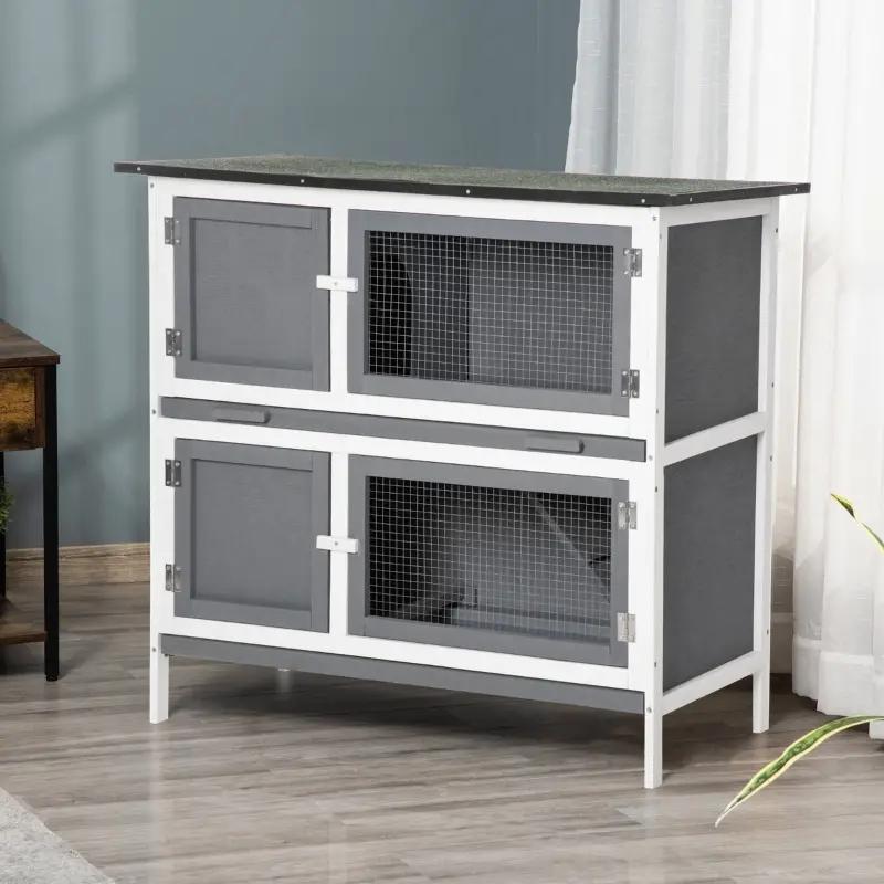 PawHut Wooden Bunny Rabbit Hutch, Small Animal Habitat with Ramp, Removable Tray & Weatherproof Roof, Indoor/Outdoor, Grey