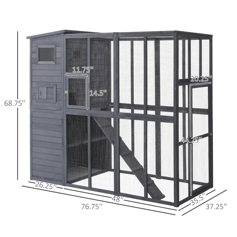 PawHut Large Cat House Outdoor Catio Wooden Feral Cat Shelter, Kitten Enclosure with Door, Cat Condo and Weather Protection Asphalt Roof, 77" L, Gray