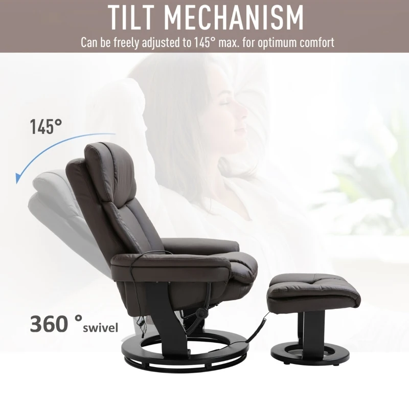 HOMCOM PU Leather Massage Sofa Recliner Chair with Ottoman Heated 10 Point Vibration Swiveling Armchair, Brown