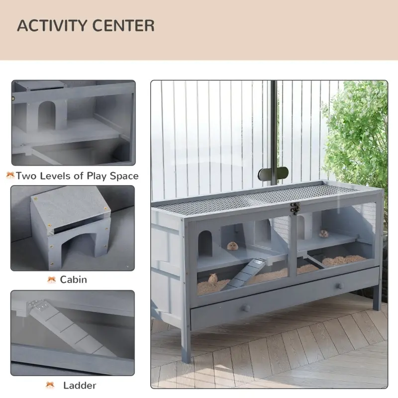 PawHut 2 Tiers Wooden Hamster Cage Mice and Rat House Small Animal Habitat with Double Room and Pull-out Tray