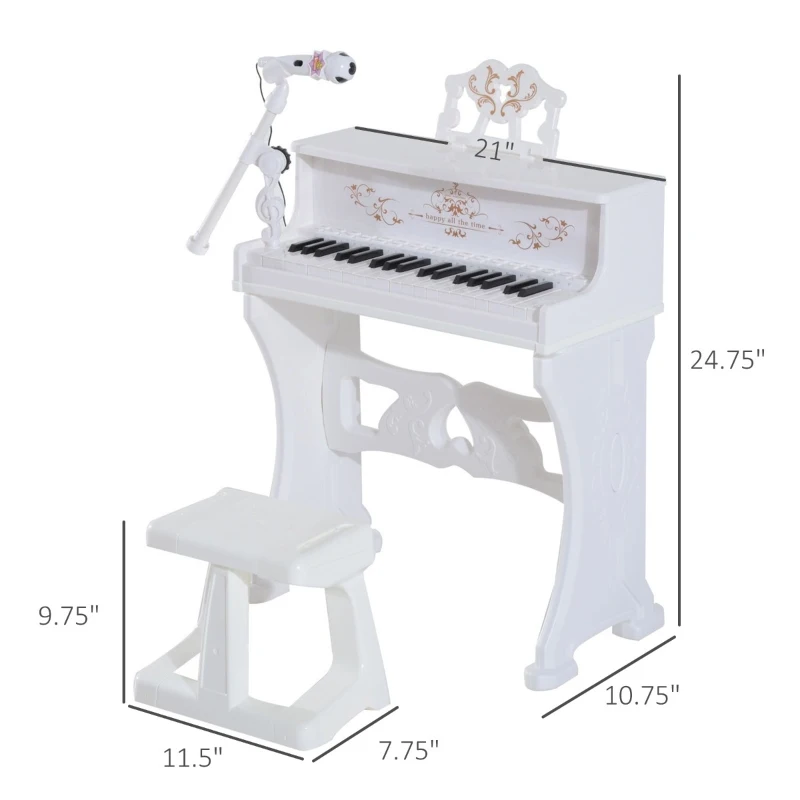 Qaba 37-Key Kids Princess Electronic Piano Toddler Toy Keyboard with Stool, MP3, Record, Light and Microphone for 3 years+, White