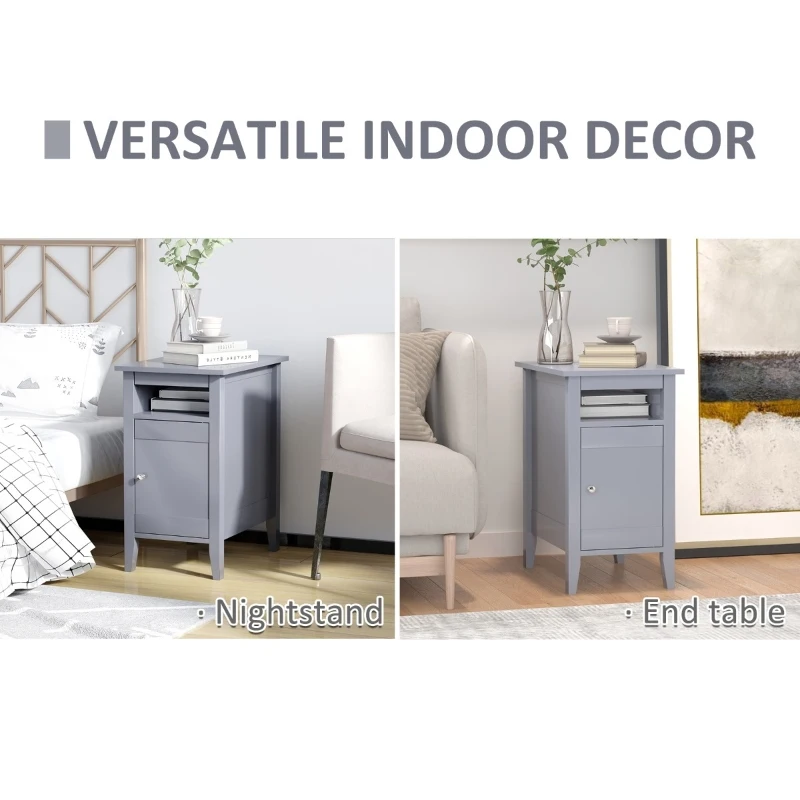 HOMCOM Modern End Table, Slim Side Table, Nightstand with Adjustable Open Shelf and Door Cabinet for Living Room, Bedroom, Grey