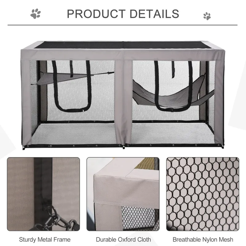 PawHut Large Mesh Cat House Kitty Indoor/Outdoor Rest Space with 2 Zipper Doors Soft Hammock Pet Bed, Black & Grey