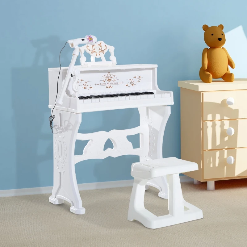 Qaba 37-Key Kids Princess Electronic Piano Toddler Toy Keyboard with Stool, MP3, Record, Light and Microphone for 3 years+, White