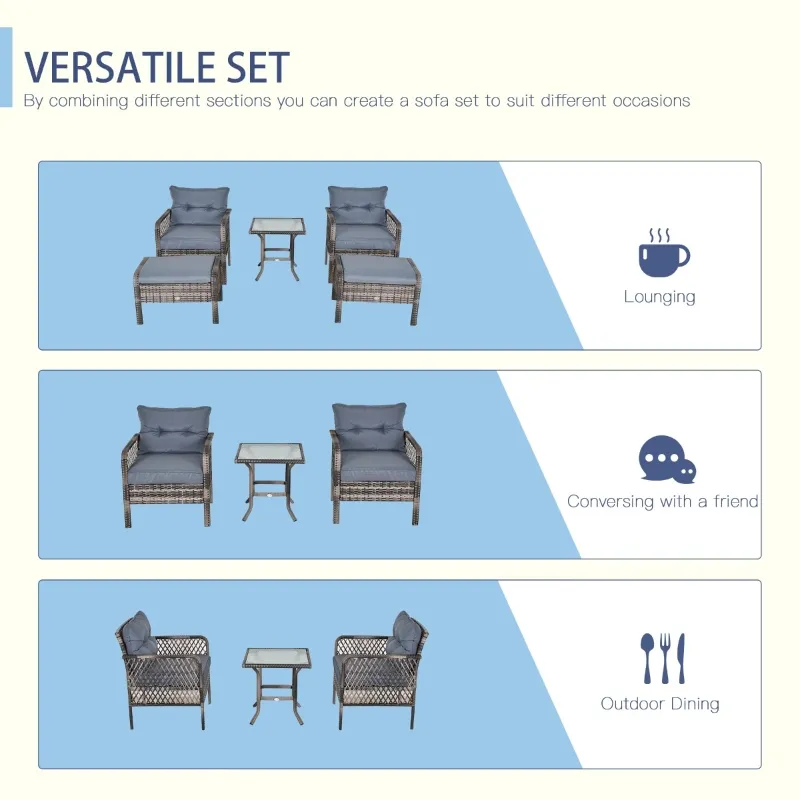 Outsunny 5-Piece PE Wicker Patio Furniture Set, Conversation Set with Outdoor Ottomans, Table & Chairs, Small Balcony Furniture for Apartments, Steel, Gray