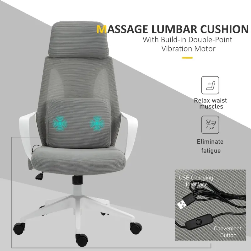 Vinsetto Ergonomic Home Office Mesh Desk Chairs, Computer Task Chair with Massage Lumbar Cushion, Adjustable Seat & Headrest,  Rocking Function, Grey