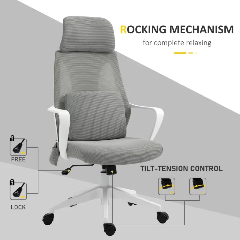 Vinsetto Ergonomic Home Office Mesh Desk Chairs, Computer Task Chair with Massage Lumbar Cushion, Adjustable Seat & Headrest,  Rocking Function, Grey