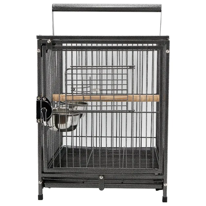 PawHut 18" Heavy Duty Wrought Iron Travel Bird Cage Carrier With Handle Perch And Accessories - Black