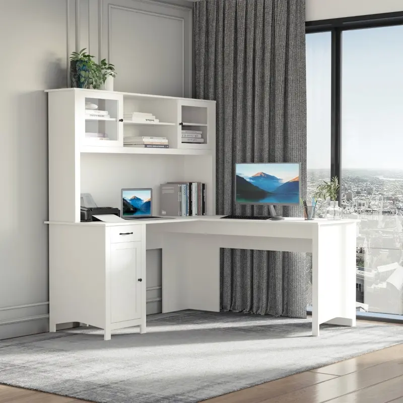 HOMCOM L-Shaped Desk with Hutch, Computer Desk with Drawers, Home Office Corner Desk Study Workstation Table with Storage Cabinets Shelves, White
