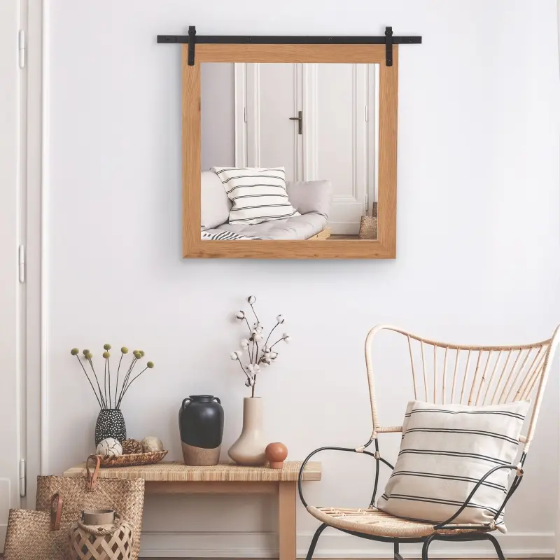 HOMCOM Industrial Style Square Bathroom Wall Mirror, Rustic Mirror, Barn Door Style Make Up Home Decoration, Wood