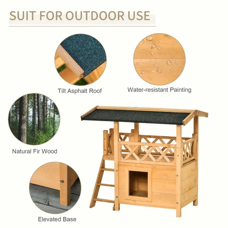 PawHut Wooden Cat House, 2-Floor Feral Cat Shelter, Kitten Condo Outdoor with Balcony, Stairs, Asphalt Roof, Natural