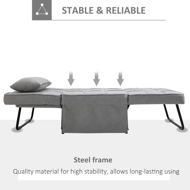 HOMCOM 4-In-1 Design Convertible Sofa Tea Table Lounge Chair Single Bed with 5-Level Adjustable Backrest, Footstool and Metal Frame for Living Room Bedroom, Grey