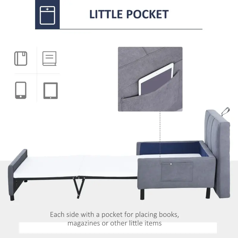 HOMCOM 2-In-1 Design Convertible Single Sofa Bed with Side Pocket and Metal Frame Couch for Living Room, Grey