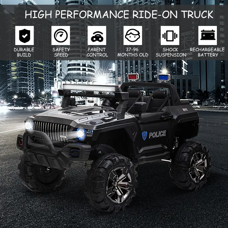 Aosom Kids Ride-On Car 12V RC 2-Seater Police Truck Electric Car For Kids with Full LED Lights, MP3, Parental Remote Control, Black(m-5)