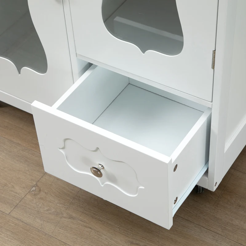 HOMCOM Kitchen Cart, Small Kitchen Island, Rubber Wood Top Utility Trolley on Wheels with 2 Cabinets Storage Drawer Towel Rack for Dining Room, White