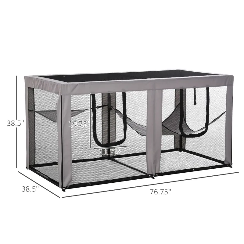 PawHut Large Mesh Cat House Kitty Indoor/Outdoor Rest Space with 2 Zipper Doors Soft Hammock Pet Bed, Black & Grey