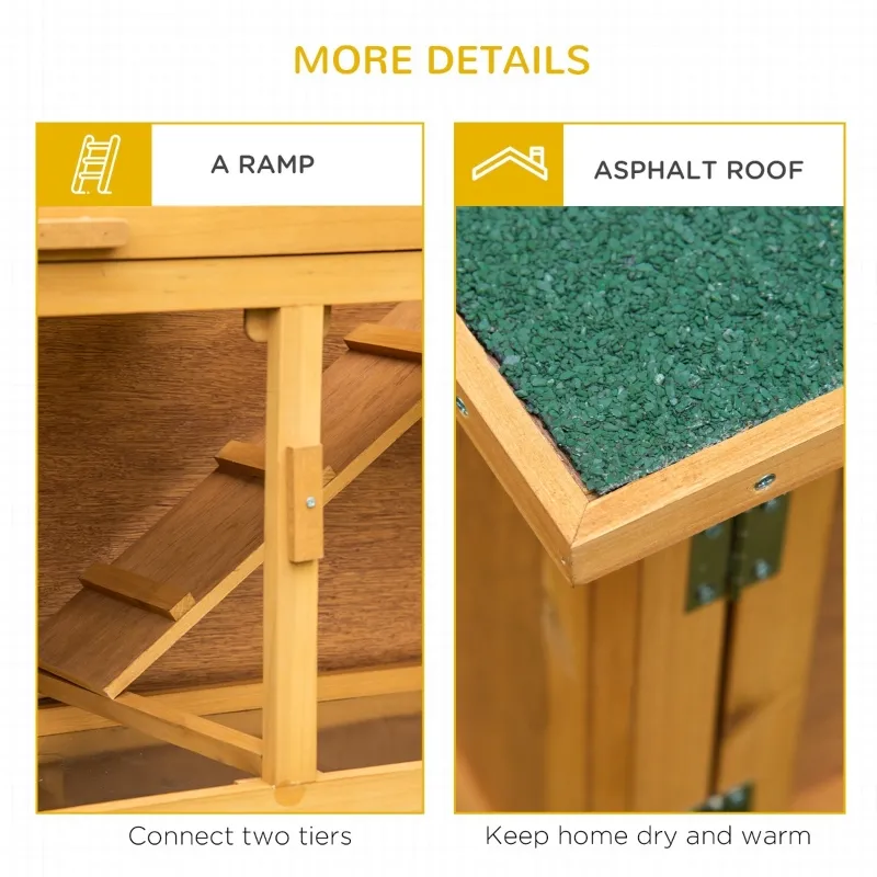 PawHut Bunny House Indoor, Solid Wood Rabbit Hutch, with 2 Large Main Rooms and Firm Cage - Yellow