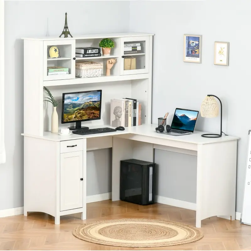 HOMCOM L-Shaped Desk with Hutch, Computer Desk with Drawers, Home Office Corner Desk Study Workstation Table with Storage Cabinets Shelves, White
