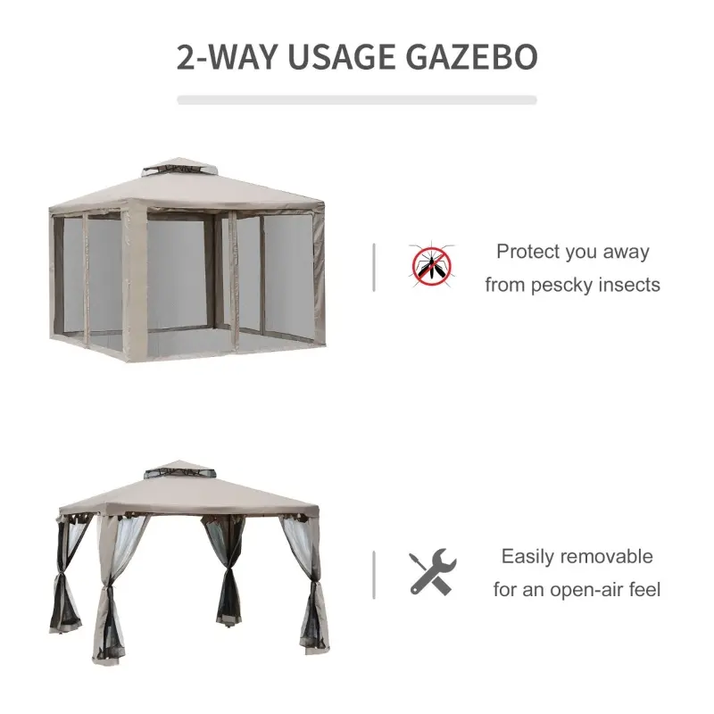 Outsunny 10' x 10' Gazebo Tent, Double Roof Outdoor Canopy Shelter, with Netting Fabric and Vented Roof, Steel Corner Frame for Garden, Lawn, Backyard, Taupe