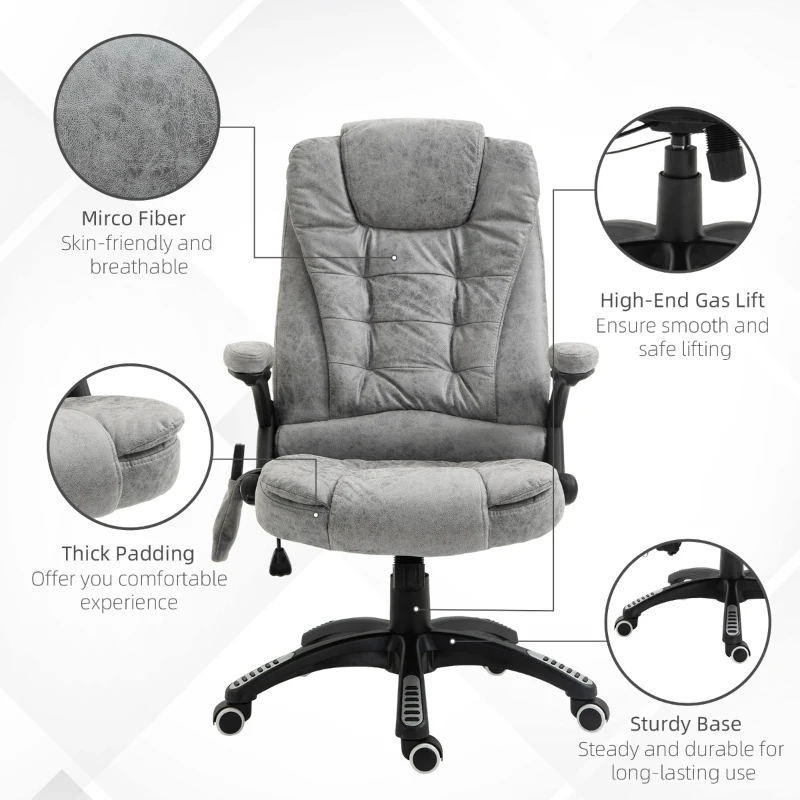 Vinsetto 6 Point Vibration Massage Office Chair with Heat, High Back Executive Office Chair with Padded Armrests, Microfiber Reclining Computer Chair, Gray
