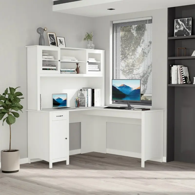 HOMCOM L-Shaped Desk with Hutch, Computer Desk with Drawers, Home Office Corner Desk Study Workstation Table with Storage Cabinets Shelves, White