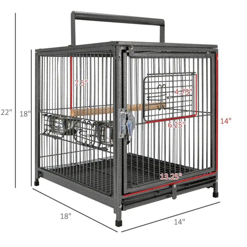 PawHut 18" Heavy Duty Wrought Iron Travel Bird Cage Carrier With Handle Perch And Accessories - Black
